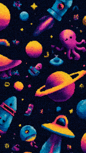 Retro neon pixel art space pattern with planets, rockets and an octopus alien on a dark starry background ultra HD 8K image