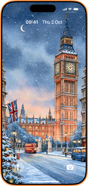 Wallpaper preview on iPhone 17 Pro Max running iOS 26 - Snowy Big Ben Christmas Scene
