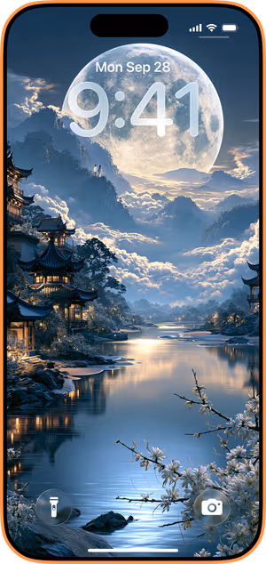 Wallpaper preview on iPhone 17 Pro Max running iOS 26 - Moonlit Chinese Landscape