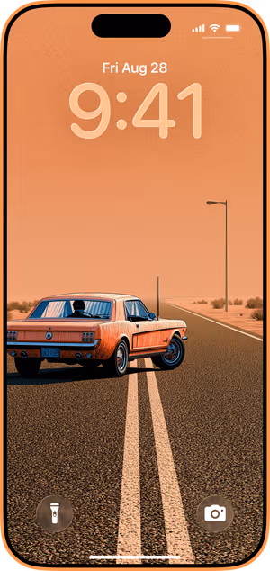Wallpaper preview on iPhone 17 Pro Max running iOS 26 - Retro Orange Muscle Car