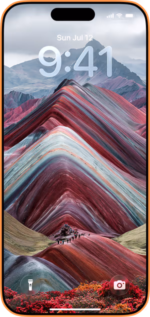 Wallpaper preview on iPhone 17 Pro Max running iOS 26 - Rainbow Striped Mountains
