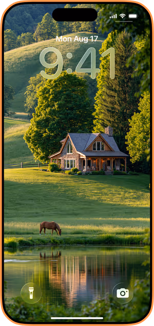 Wallpaper preview on iPhone 17 Pro Max running iOS 26 - Sunlit Countryside Cottage