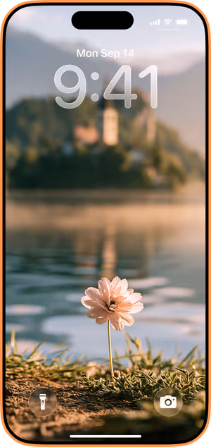 Wallpaper preview on iPhone 17 Pro Max running iOS 26 - Peach Lakeside Flower