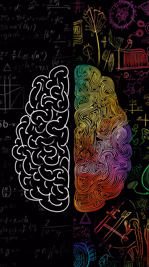 Minimalist split brain hemisphere centered on a monochrome vs rainbow background in abstract illustration aesthetic, ultra HD image.