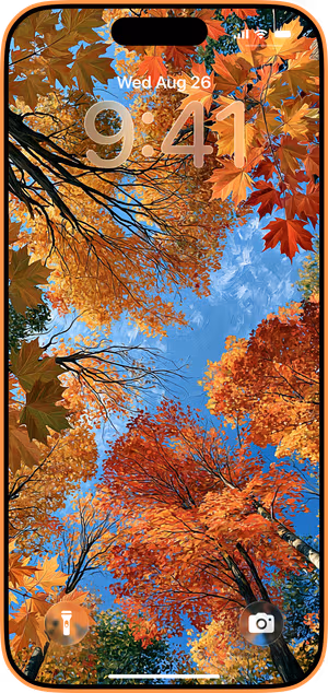 Wallpaper preview on iPhone 17 Pro Max running iOS 26 - Painterly Fall Canopy