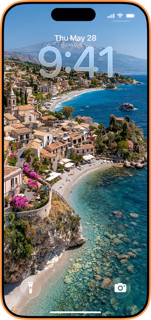 Wallpaper preview on iPhone 17 Pro Max running iOS 26 - Turquoise Coast Village