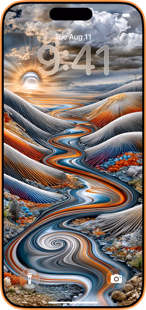 Wallpaper preview on iPhone 17 Pro Max running iOS 26 - Surreal River Landscape