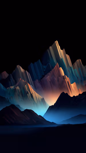 Abstract layered mountain peaks centered on deep blue and sunrise toned background in a cinematic abstract style ultra HD 8K image