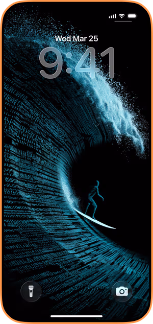 Wallpaper preview on iPhone 17 Pro Max running iOS 26 - Code Wave Surfer
