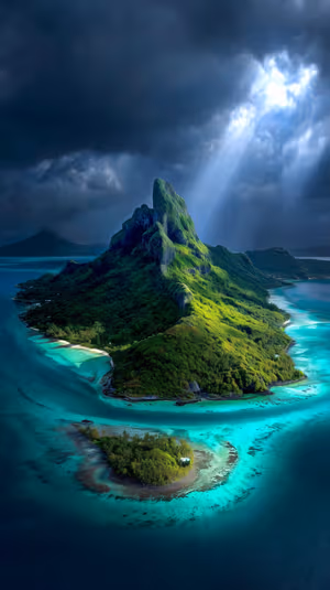 Dramatic aerial tropical island centered on a turquoise lagoon with a sunbeam piercing storm clouds ultra hd 8K background