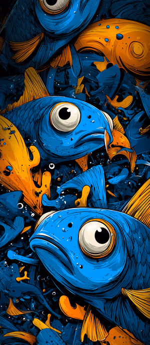 Abstract modern fish swarm centered on deep blue background with bold orange accents ultra HD 8K illustration.