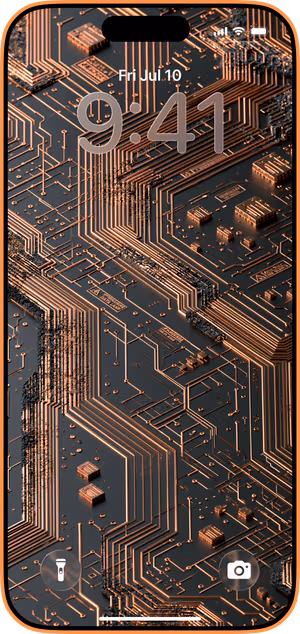 Wallpaper preview on iPhone 17 Pro Max running iOS 26 - Copper Circuit