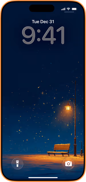 Wallpaper preview on iPhone 17 Pro Max running iOS 26 - Snowy Bench Lamplight