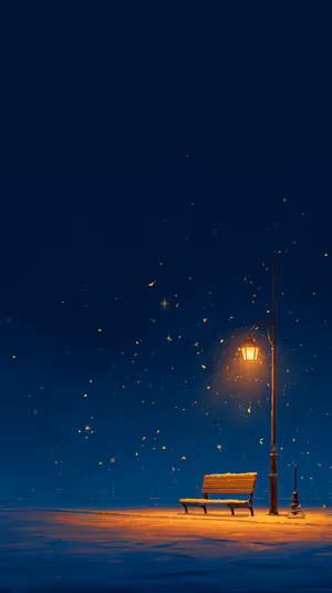 Cinematic snowy bench under glowing street lamp on a blue orange night background in a cozy aesthetic, ultra hd wallpaper