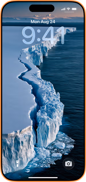 Wallpaper preview on iPhone 17 Pro Max running iOS 26 - Arctic Ice Shelf Horizon
