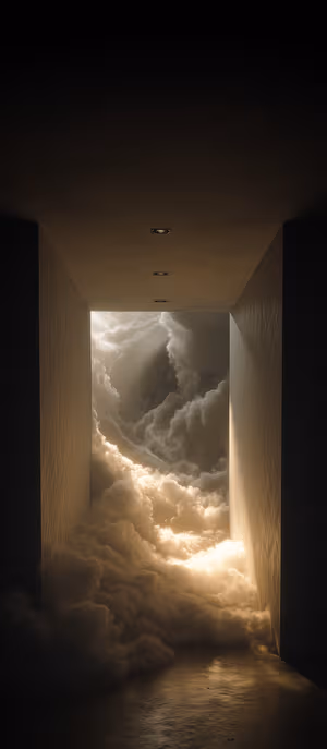 Minimalist corridor framing a golden cloud portal on a warm gold background in an ethereal surreal aesthetic, ultra HD.