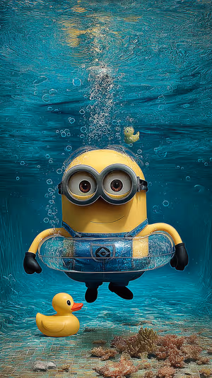 Bubbly cartoon yellow diver with goggles and rubber duck on a ring buoy against an aqua background ultra HD 8K image.