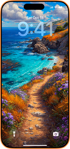Wallpaper preview on iPhone 17 Pro Max running iOS 26 - Turquoise Cliff Path