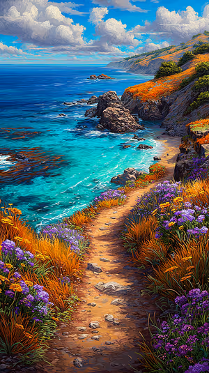 Painterly coastal cliff path framed by orange and purple wildflowers over turquoise ocean, ultra hd 8K background