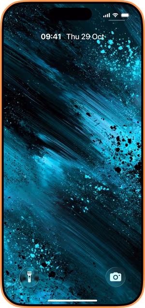 Wallpaper preview on iPhone 17 Pro Max running iOS 26 - Electric Cyan Splatter Art