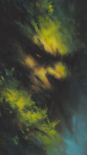 Painterly abstract forest guardian portrait on a moss green background with textured brushstrokes, ultra HD image