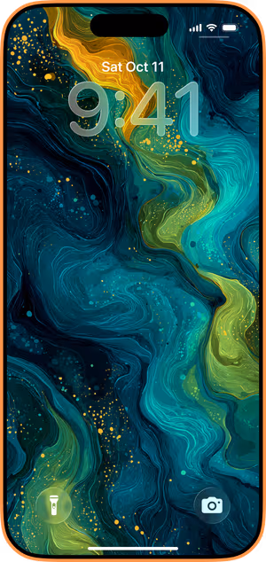 Wallpaper preview on iPhone 17 Pro Max running iOS 26 - Teal Gold Marble Waves