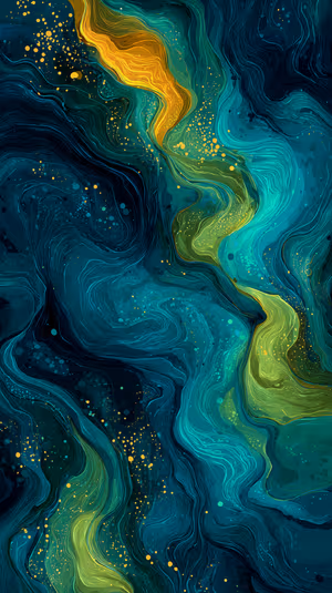 Abstract fluid art teal marble with gold flecks centered on a teal and gold background ultra HD 8K phone image.