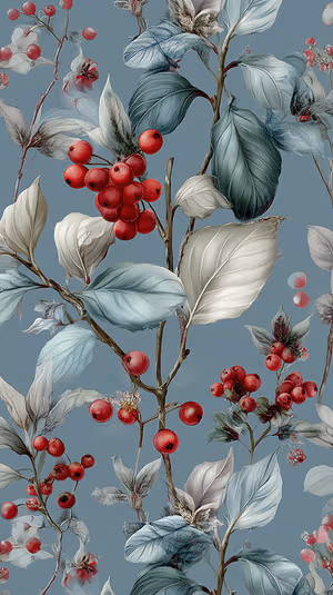 Hand painted berry botanical close up with vivid red berries and teal leaves on a soft blue background, ultra HD.