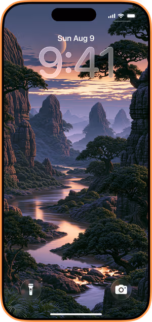 Wallpaper preview on iPhone 17 Pro Max running iOS 26 - Fantasy Valley Purple Sunset