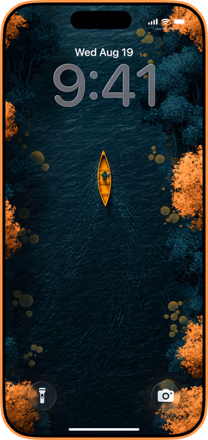 Wallpaper preview on iPhone 17 Pro Max running iOS 26 - Autumn Canoe Overhead