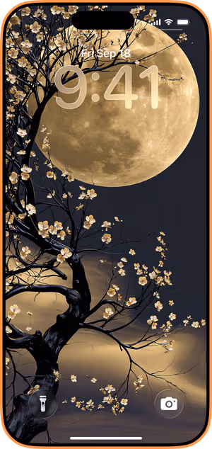 Wallpaper preview on iPhone 17 Pro Max running iOS 26 - Moonlit Blossom Tree