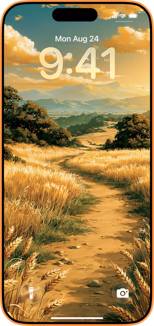 Wallpaper preview on iPhone 17 Pro Max running iOS 26 - Golden Wheat Mountain Path