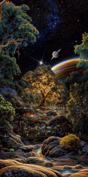 Enchanted fantasy glowing tree centered on a golden blue cosmic background with ringed planet ultra hd image