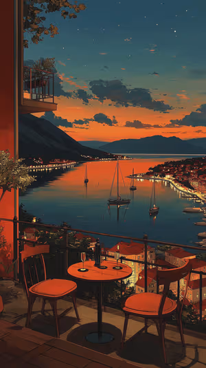 Illustrative digital art balcony overlooking a sunset bay with sailboats on warm twilight orange and navy ultra HD background.