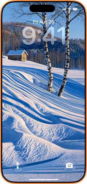 Wallpaper preview on iPhone 17 Pro Max running iOS 26 - Blue Birch Cabin Snow