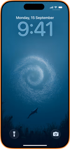 Wallpaper preview on iPhone 17 Pro Max running iOS 26 - Dolphin Spiral
