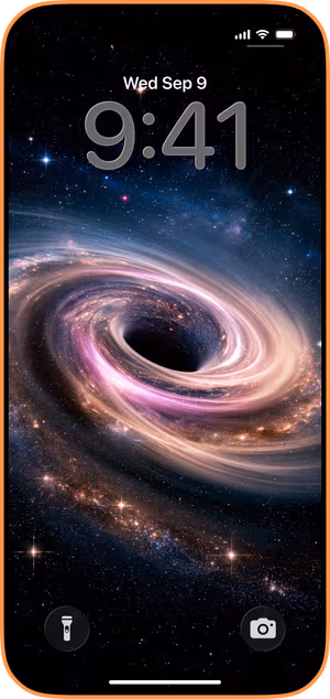 Wallpaper preview on iPhone 17 Pro Max running iOS 26 - Cosmic Black Hole