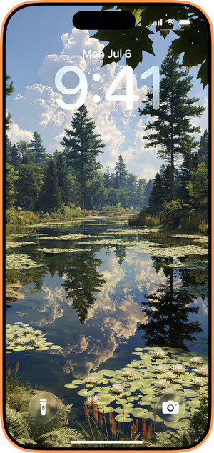 Wallpaper preview on iPhone 17 Pro Max running iOS 26 - Lily Pond Reflection