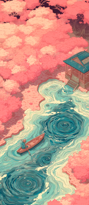 Pastel illustration of a lone rower on a swirling turquoise river beneath pink cherry blossoms, ultra HD 8K mobile background