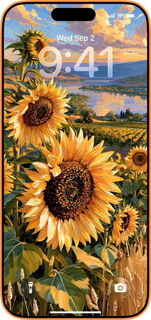 Wallpaper preview on iPhone 17 Pro Max running iOS 26 - Golden Sunflower Valley