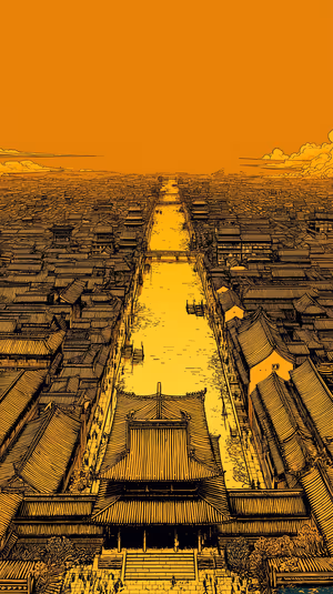Detailed line art ancient canal cityscape centered on warm orange tones, ultra HD iPhone background.