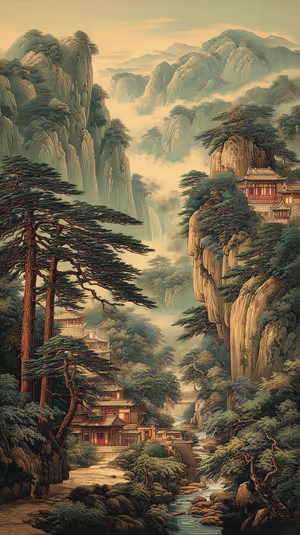 Traditional Chinese misty mountain temple centered on a misty green gray background in an ethereal landscape aesthetic, ultra HD image.