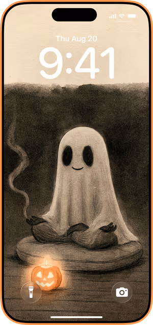 Wallpaper preview on iPhone 17 Pro Max running iOS 26 - Sepia Meditating Ghost