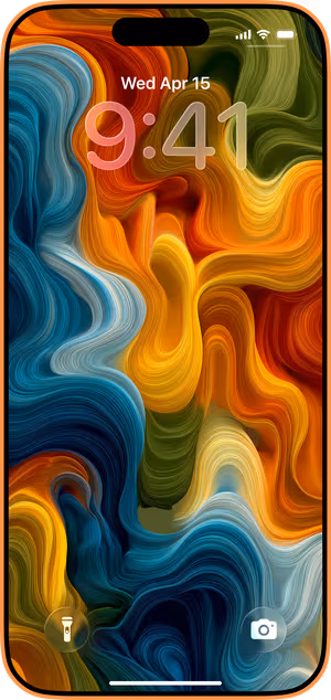 Wallpaper preview on iPhone 17 Pro Max running iOS 26 - Vibrant Fluid Swirls