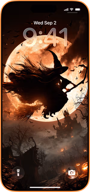 Wallpaper preview on iPhone 17 Pro Max running iOS 26 - Gothic Witch Moonlit Flight