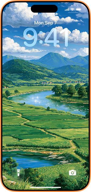Wallpaper preview on iPhone 17 Pro Max running iOS 26 - Blue River Mountain Landscape