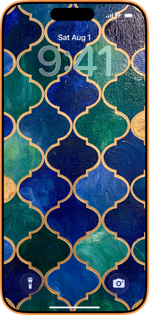 Wallpaper preview on iPhone 17 Pro Max running iOS 26 - Moroccan Gold Mosaic