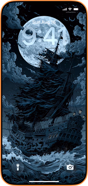 Wallpaper preview on iPhone 17 Pro Max running iOS 26 - Moonlit Gothic Pirate Ship