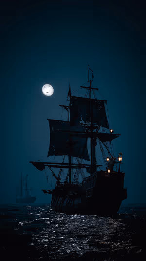 Moody pirate ship silhouette under a full moon on a deep teal sea ultra hd 8K iPhone background