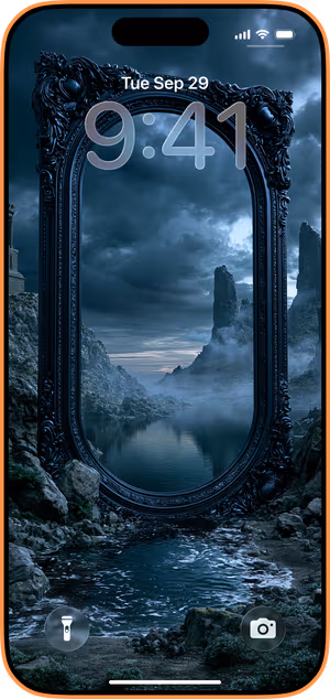 Wallpaper preview on iPhone 17 Pro Max running iOS 26 - Gothic Mirror Highlands